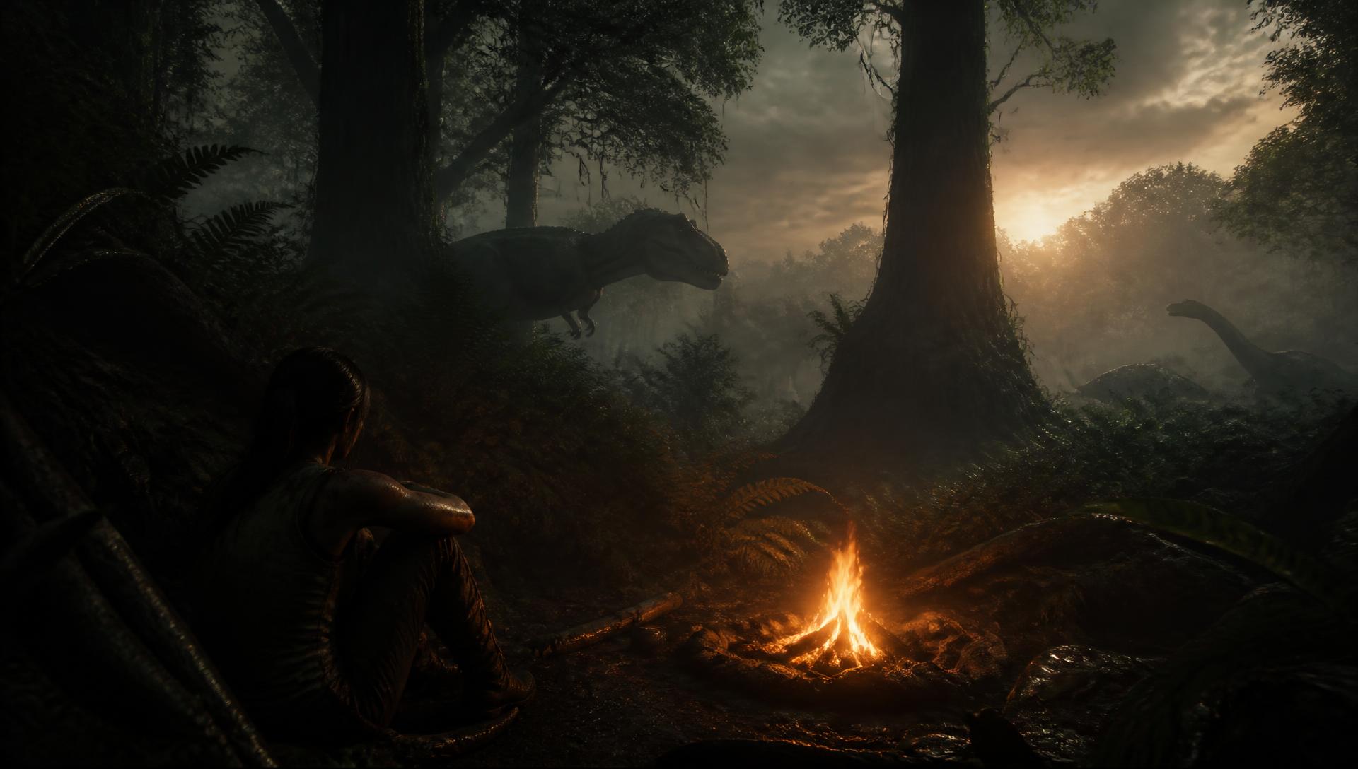 Dark prehistoric jungle at dusk with dinosaur silhouettes and a glowing campfire